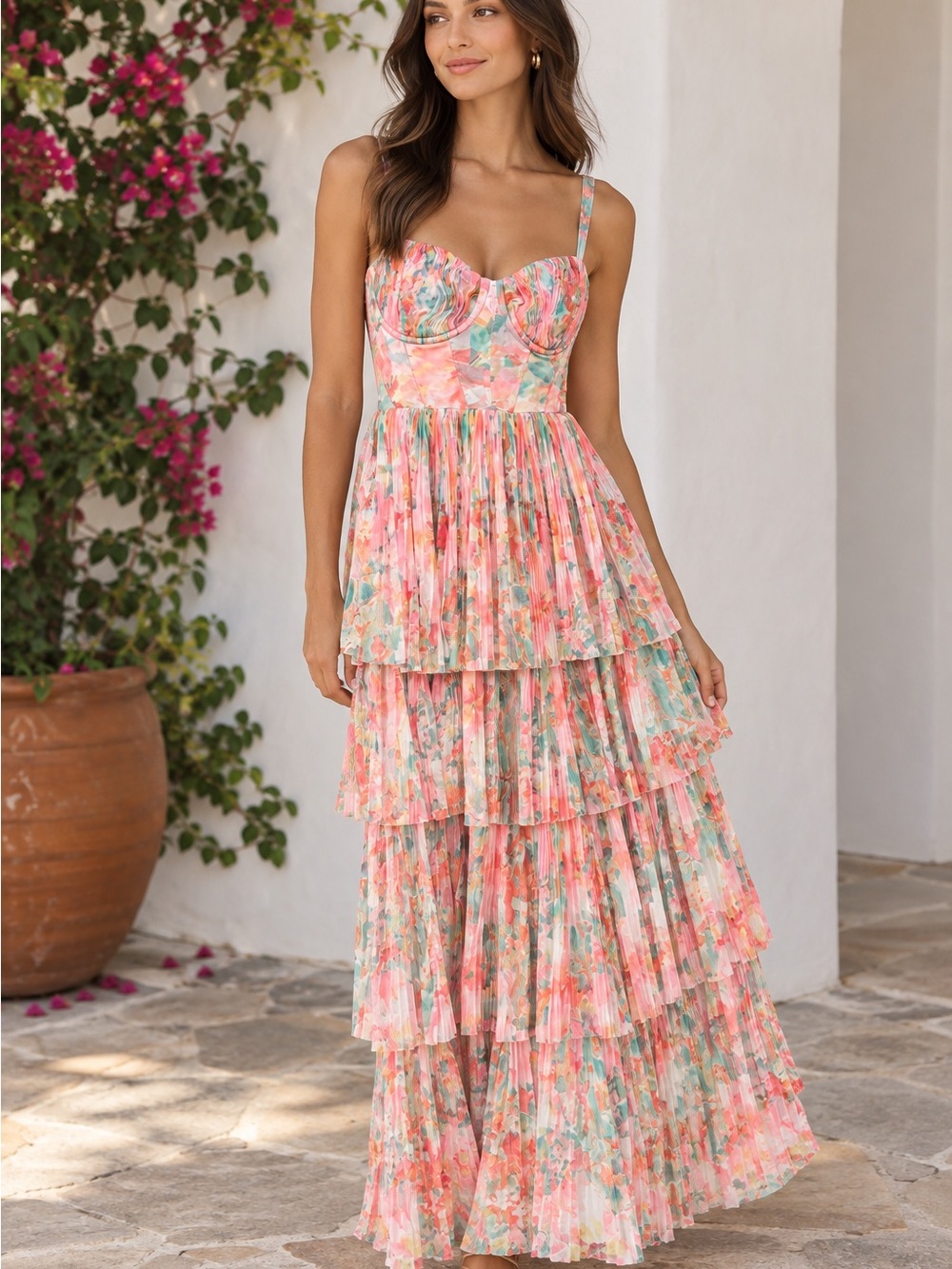 Hutch Coral Multi Floral Tiered Maxi Dress